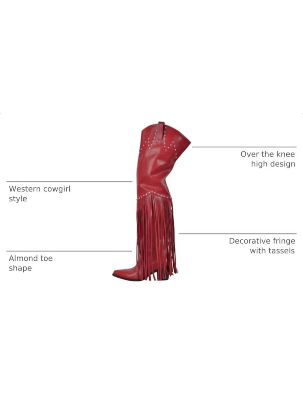 Women's Red Pointed Toe Fringe Wide Calf Cowgirl Over The Knee High Boots